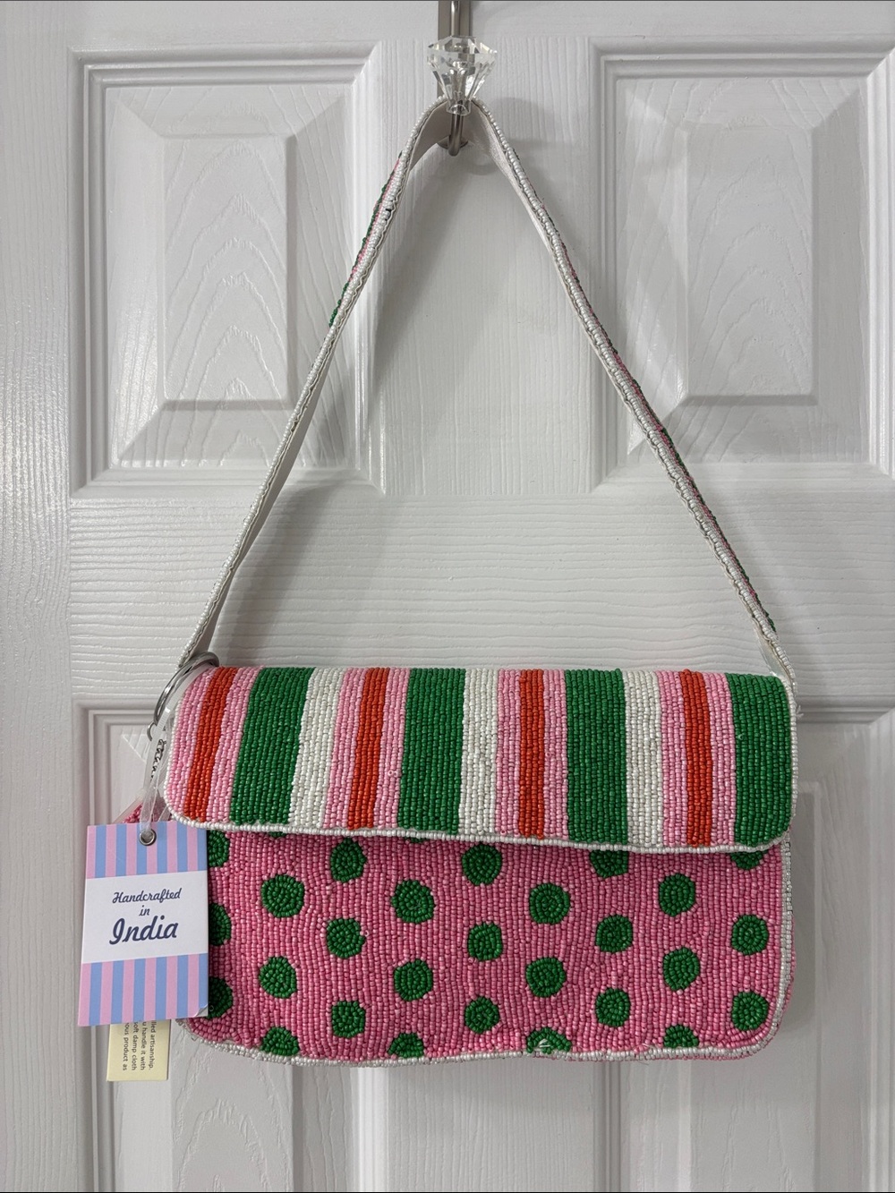 VIRAL Handcrafted Pink & Green Beaded Shoulder Bag